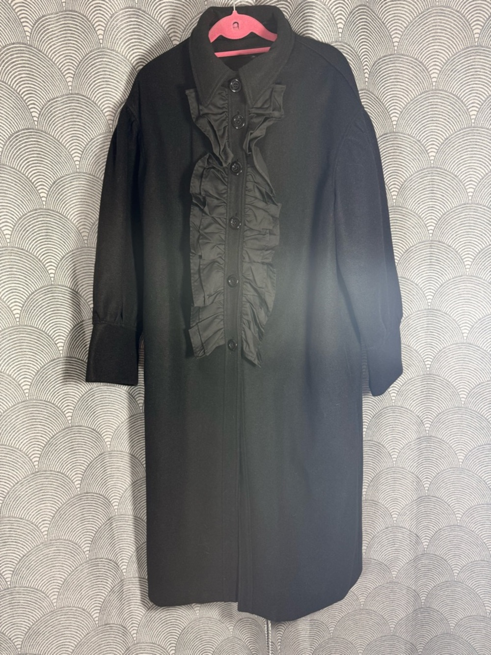 Black Long-Sleeve Ruffle-Front Coat - Picture 6 of 10
